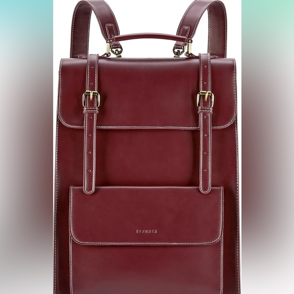 ECOSUSI Laptop 15.6 inches Backpack PU Leather Bag, Burgundy